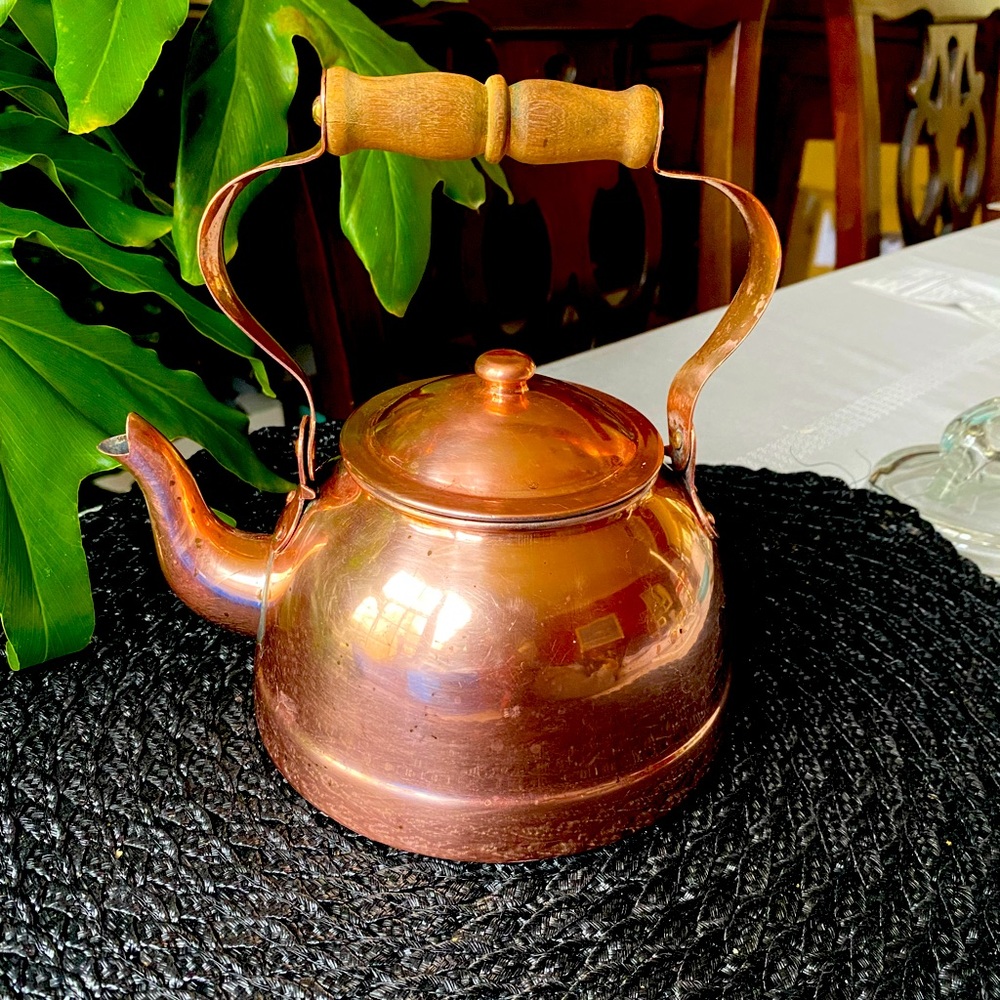 Vintage Copper Teapot with Wooden Handle
Made in Portugal (stamp on bottom)